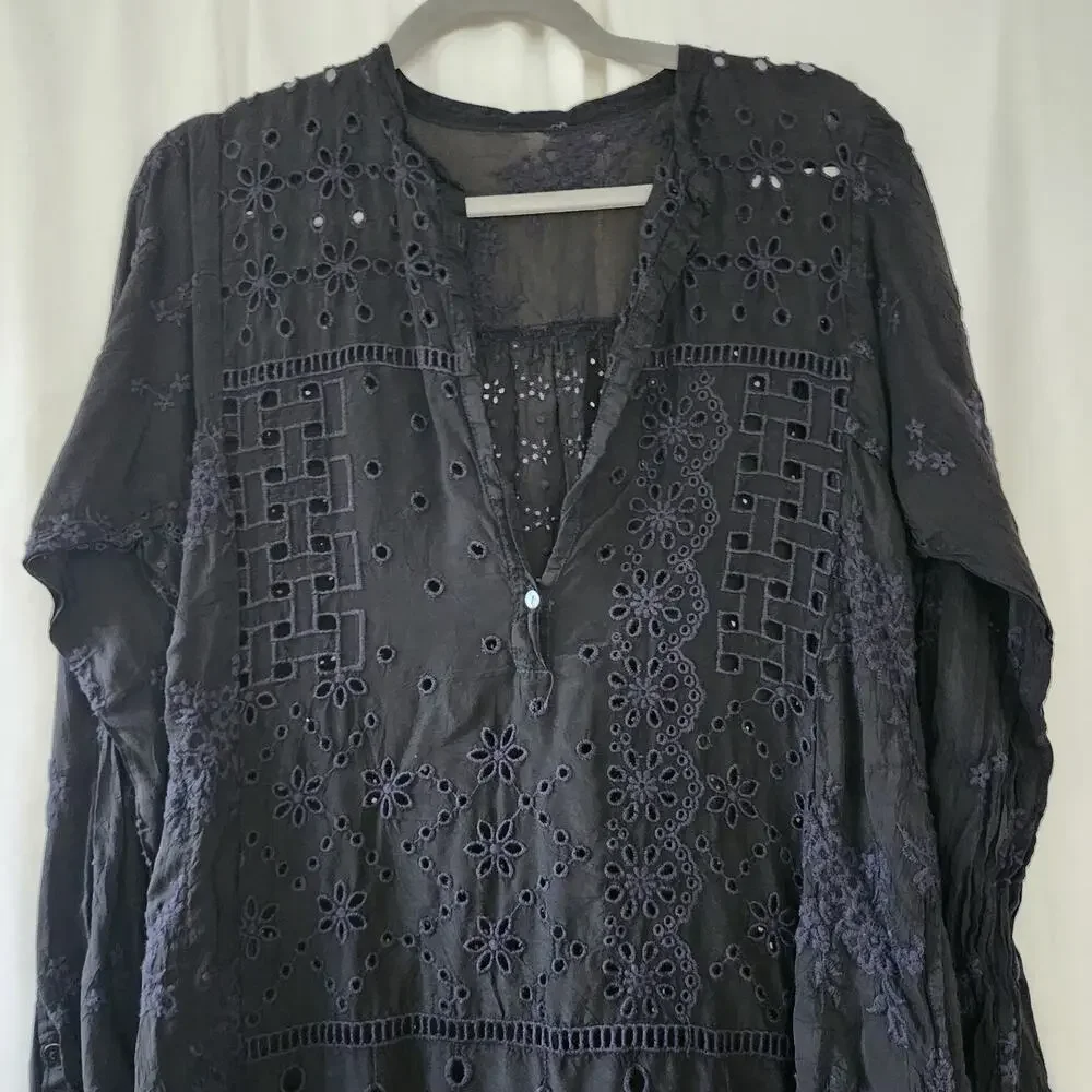 Johnny Was Embroidered Floral Eyelet Patchwork Dress black goth M tunic coastal - Picture 10 of 12